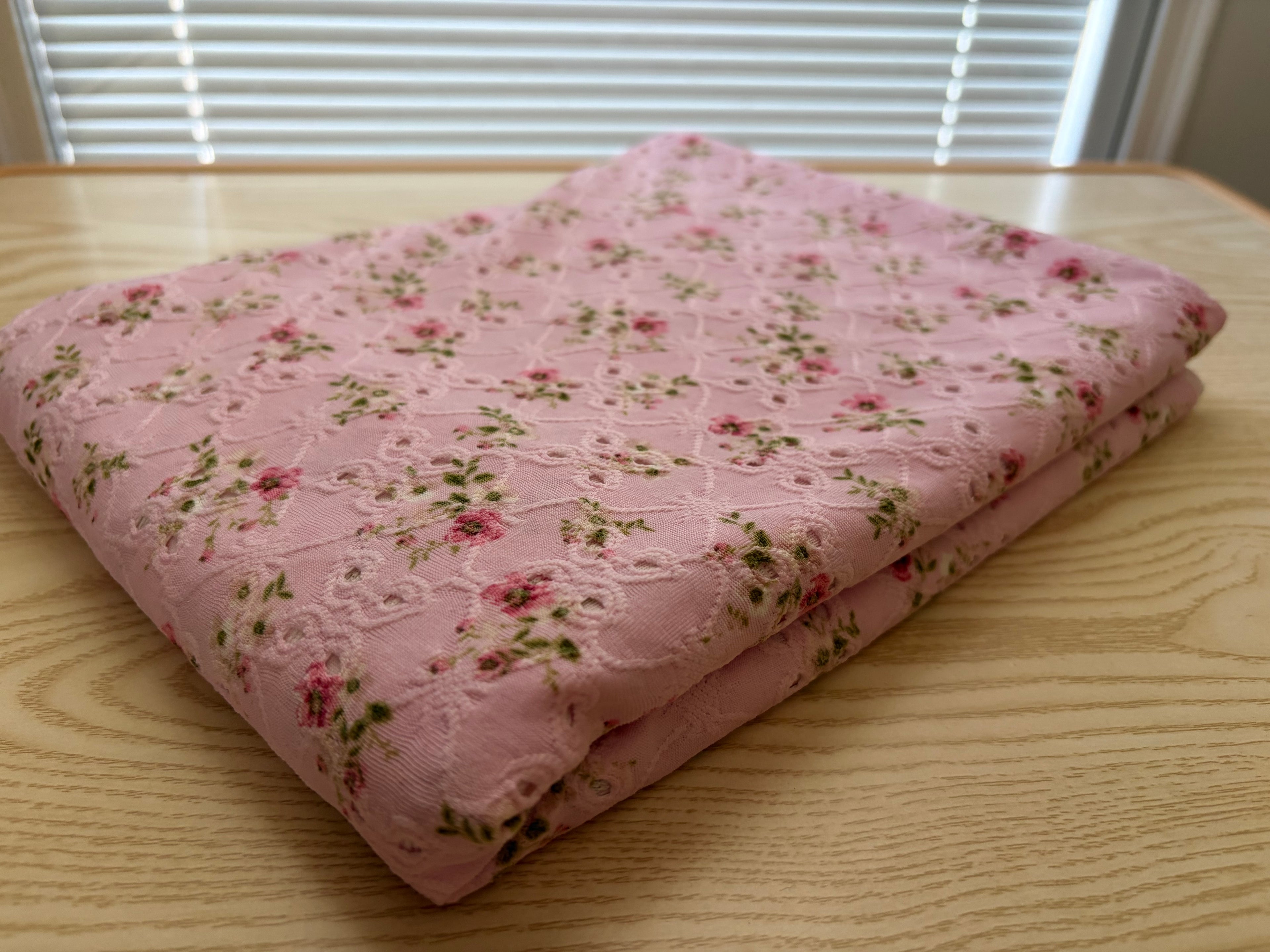 Pink Floral Eyelet Knit Fabric – Polyester Spandex Blend | 60” Wide | 2-Way Stretch