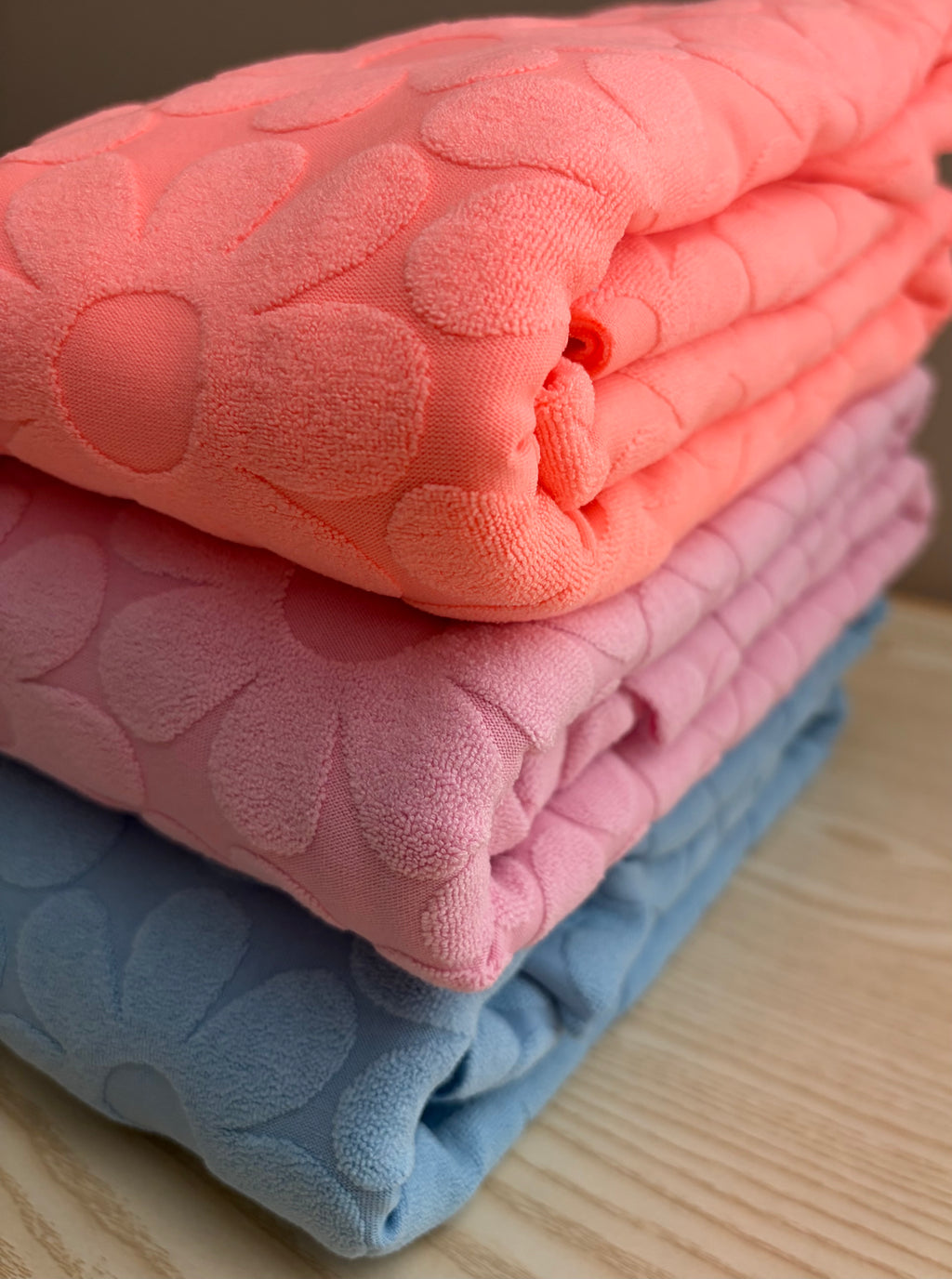 Textured Bubble Knit Fabric – Coral, Blush Pink & Sky Blue | Soft Apparel Fabric by the Yard