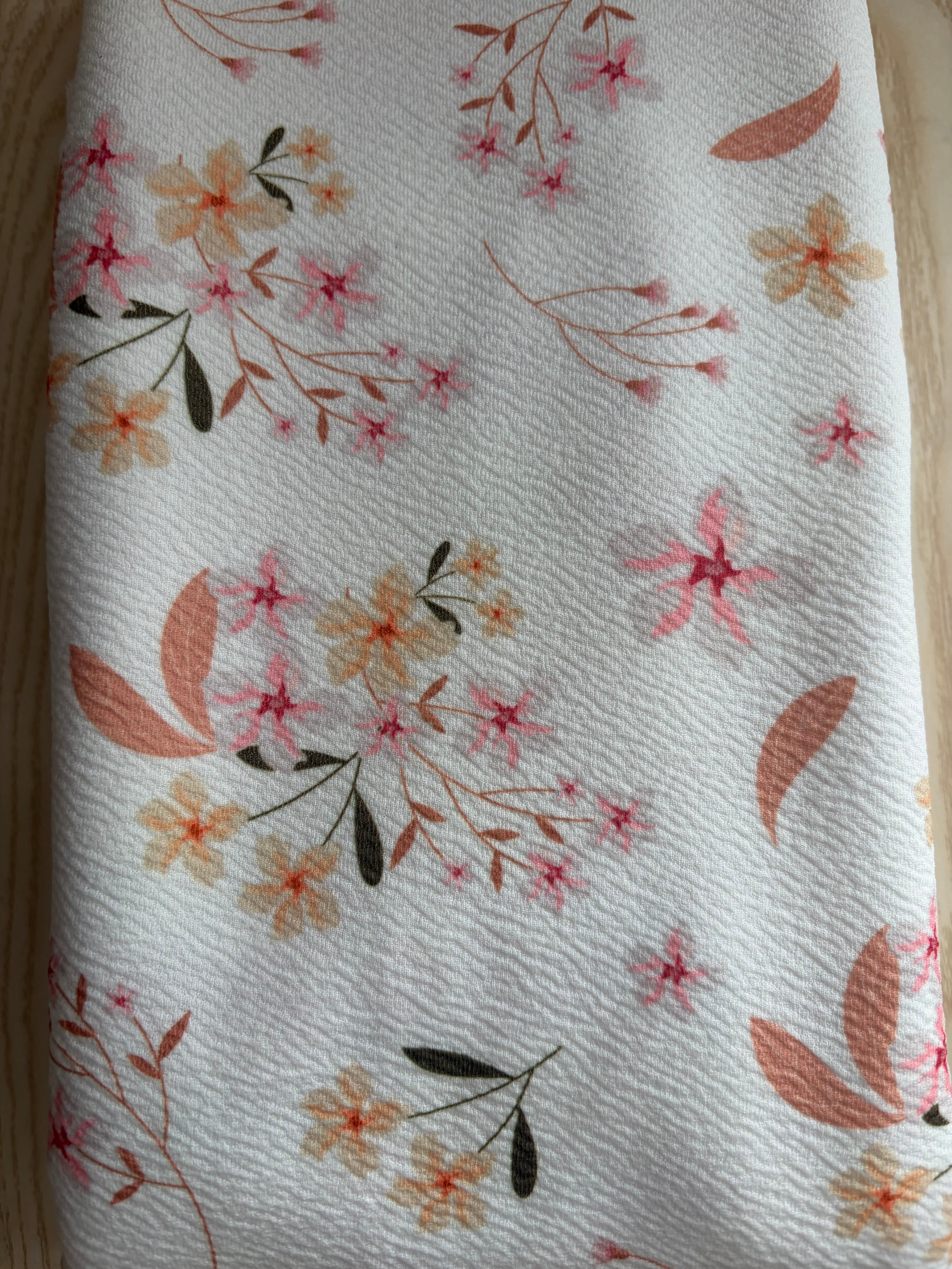 Floral Bullet Knit Fabric by the Yard | White Textured Liverpool Knit | Peach & Blush Floral Stretch Fabric | 60” Wide | Dress & Apparel Fabric
