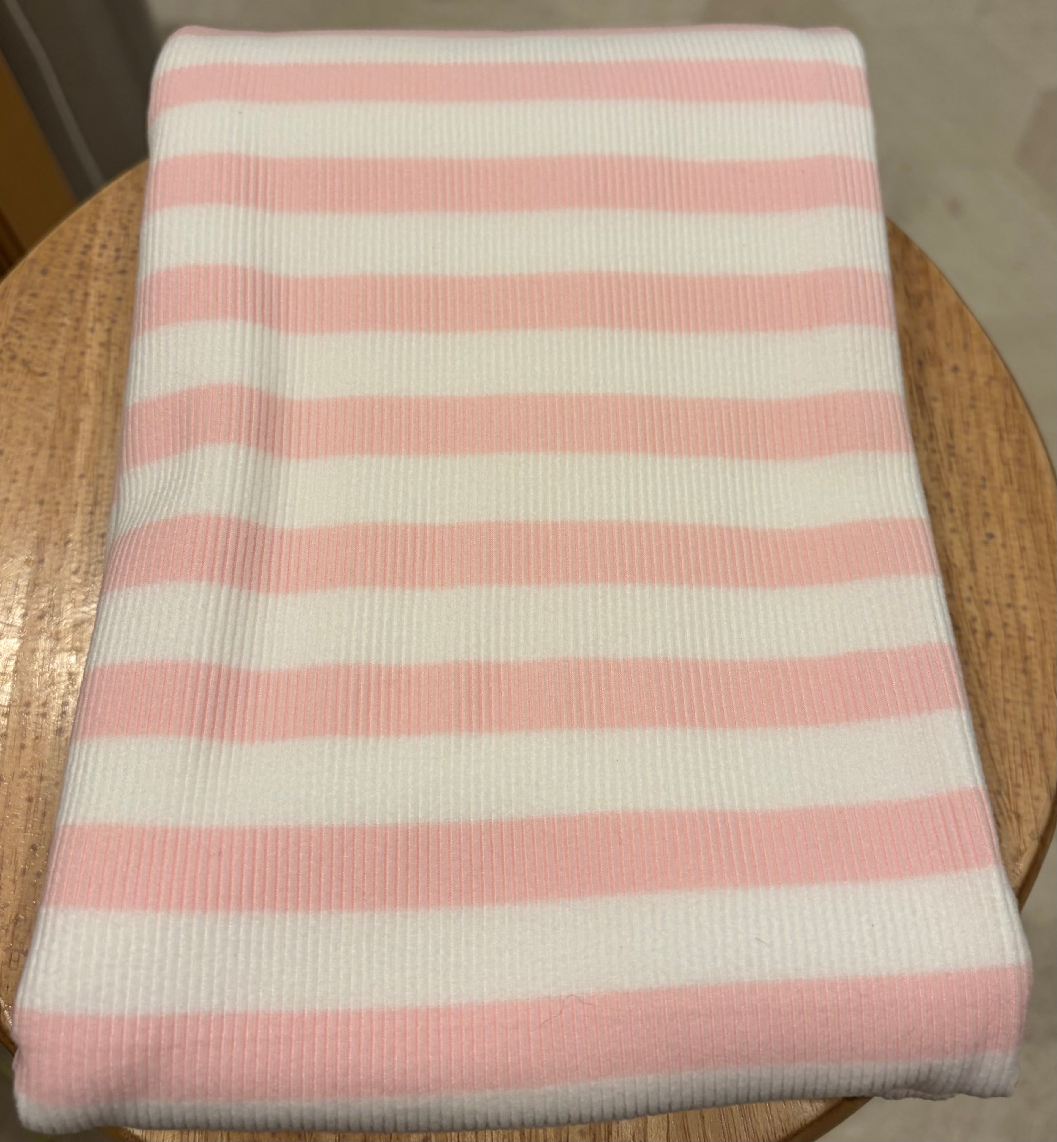Pink & White Stripe Rib Knit Fabric – Polyester Spandex Blend – 53” Wide – Soft Stretch Apparel Fabric