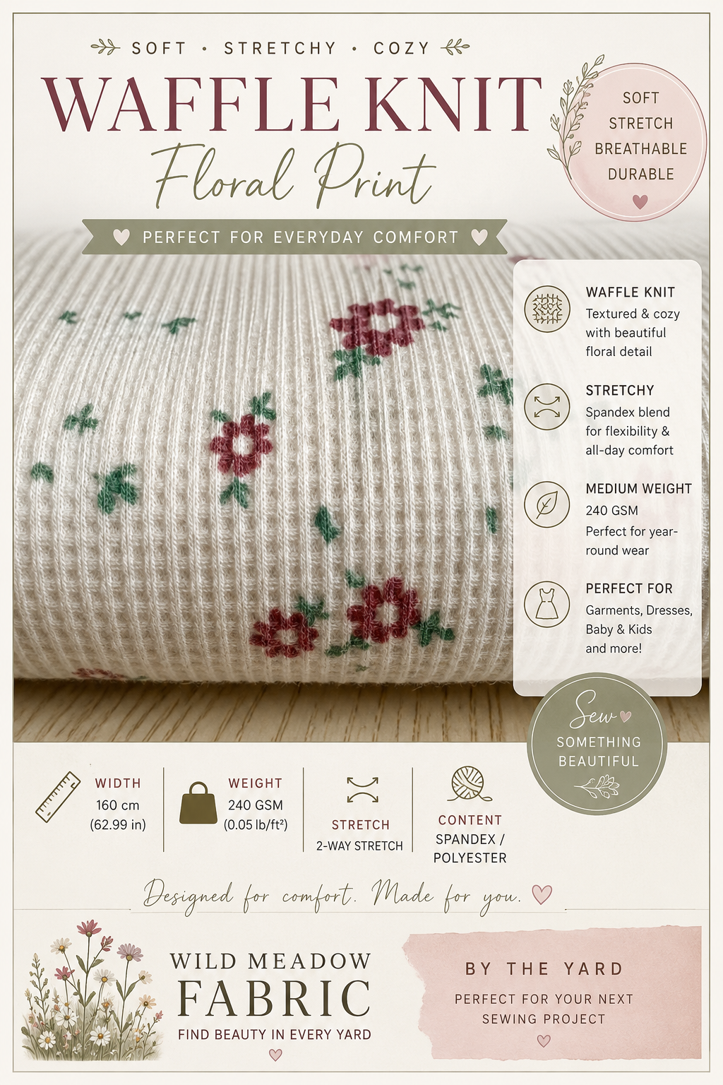 Floral Waffle Knit Fabric by the Yard | Cream Textured Polyester Spandex Knit | 2-Way Stretch | 63” Wide | Medium Weight