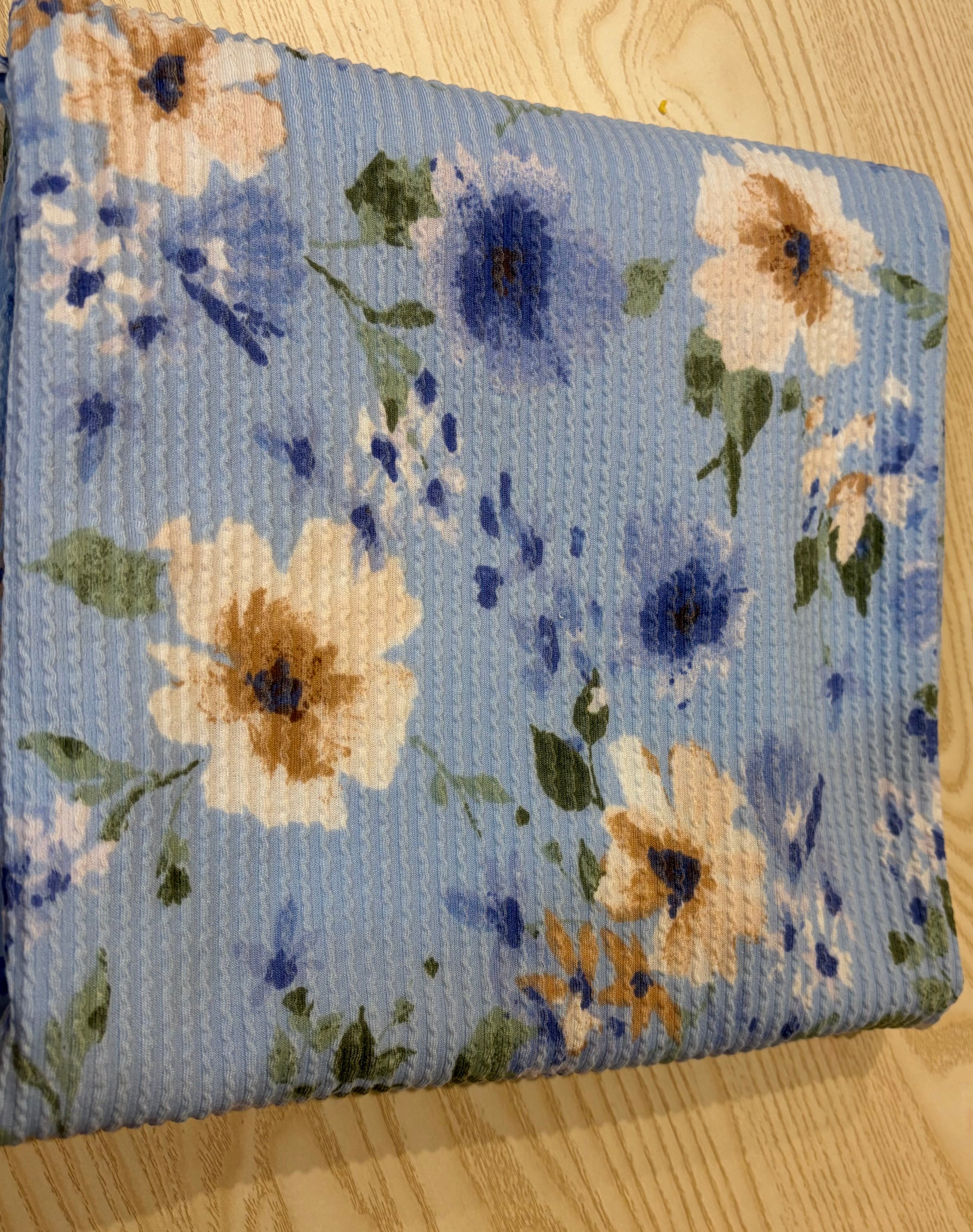 Blue Floral Double Knit Fabric – Polyester Rayon Spandex Blend – 60” Wide Stretch Apparel Fabric