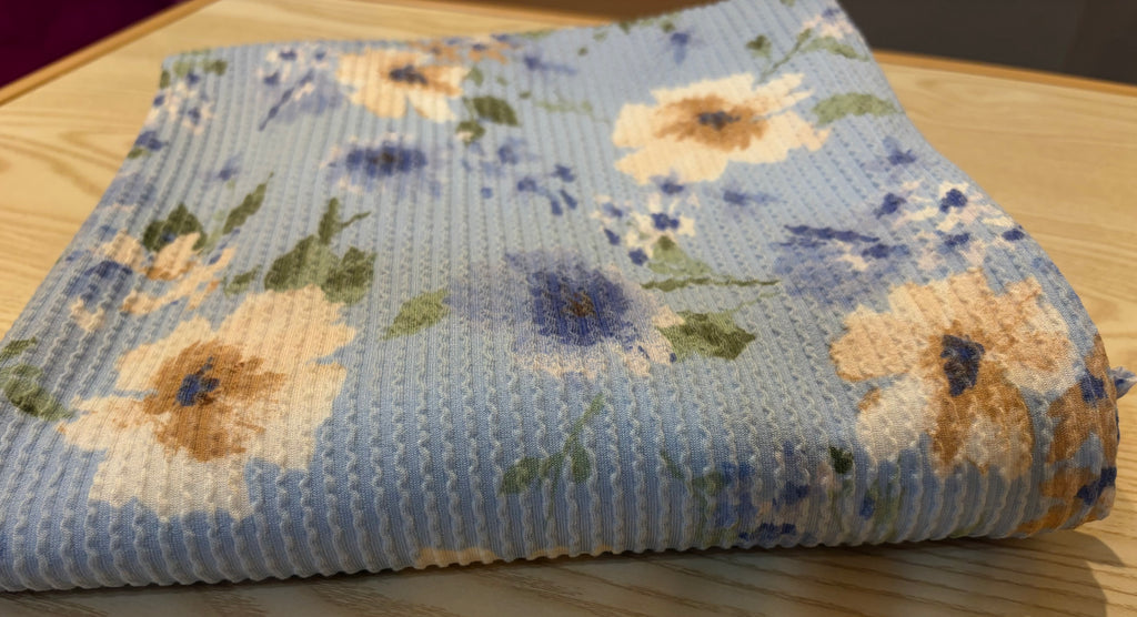 Blue Floral Double Knit Fabric – Polyester Rayon Spandex Blend – 60” Wide Stretch Apparel Fabric