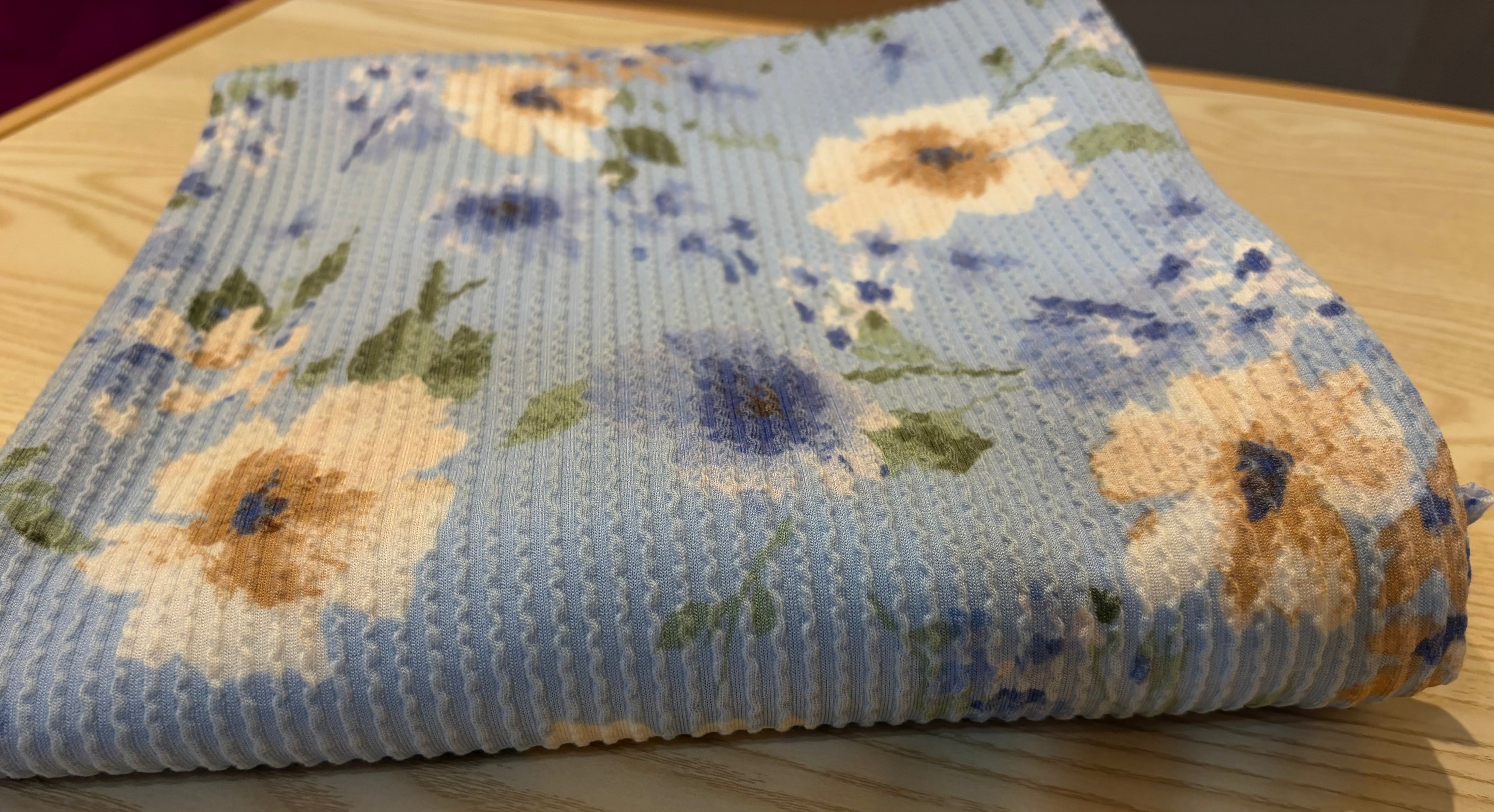 Blue Floral Double Knit Fabric – Polyester Rayon Spandex Blend – 60” Wide Stretch Apparel Fabric