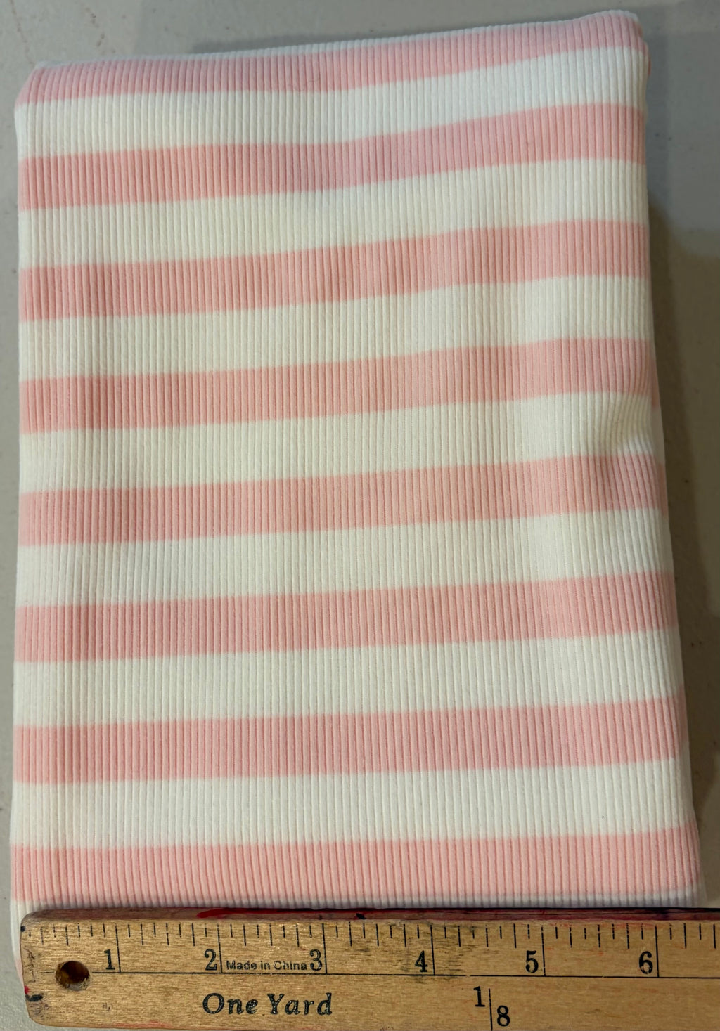 Pink & White Stripe Rib Knit Fabric – Polyester Spandex Blend – 53” Wide – Soft Stretch Apparel Fabric