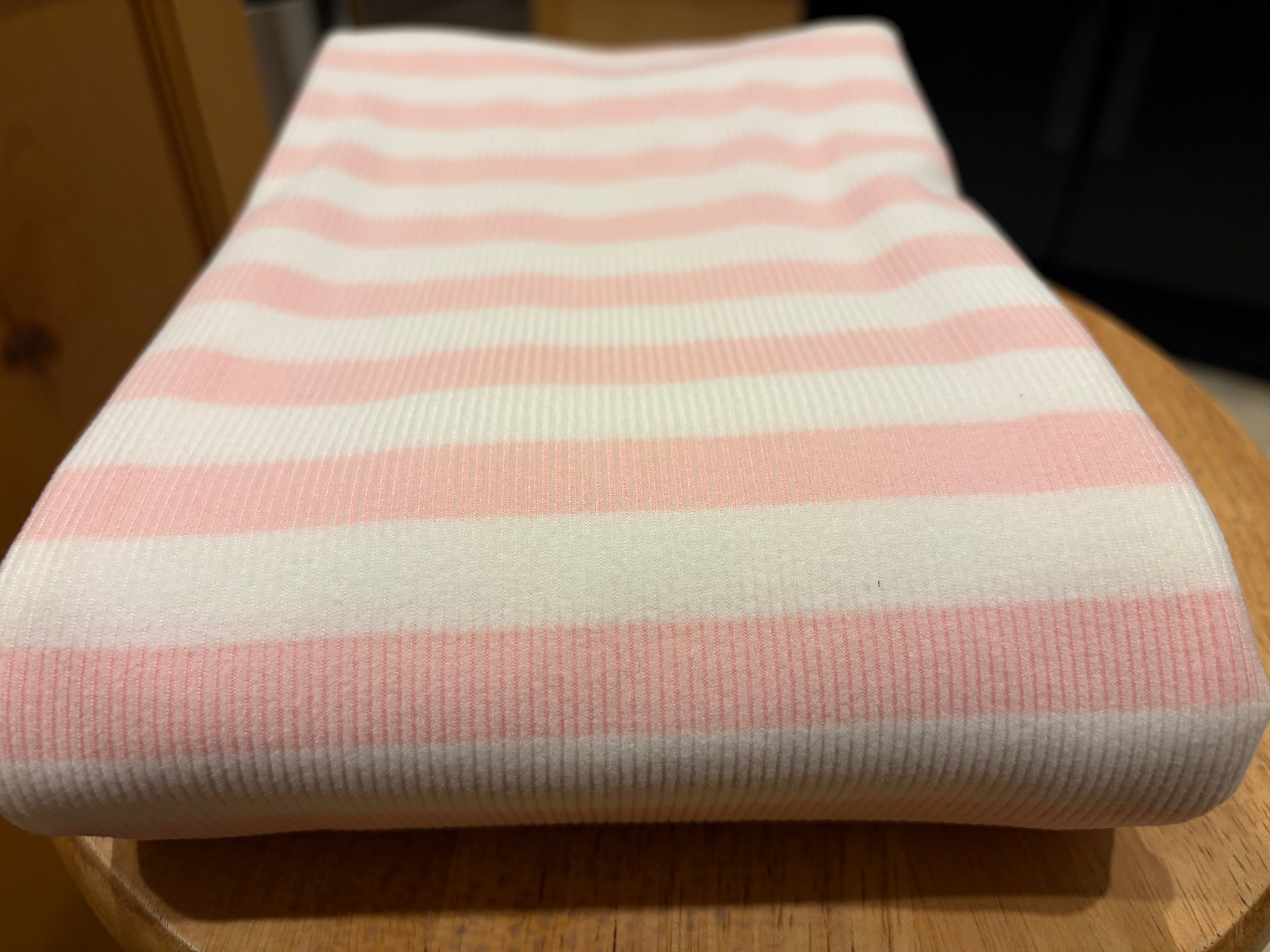Pink & White Stripe Rib Knit Fabric – Polyester Spandex Blend – 53” Wide – Soft Stretch Apparel Fabric