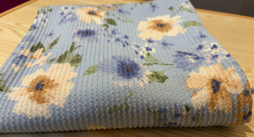 Blue Floral Double Knit Fabric – Polyester Rayon Spandex Blend – 60” Wide Stretch Apparel Fabric