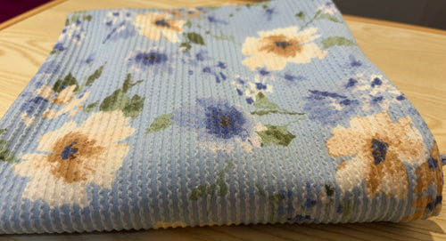Blue Floral Double Knit Fabric – Polyester Rayon Spandex Blend – 60” Wide Stretch Apparel Fabric