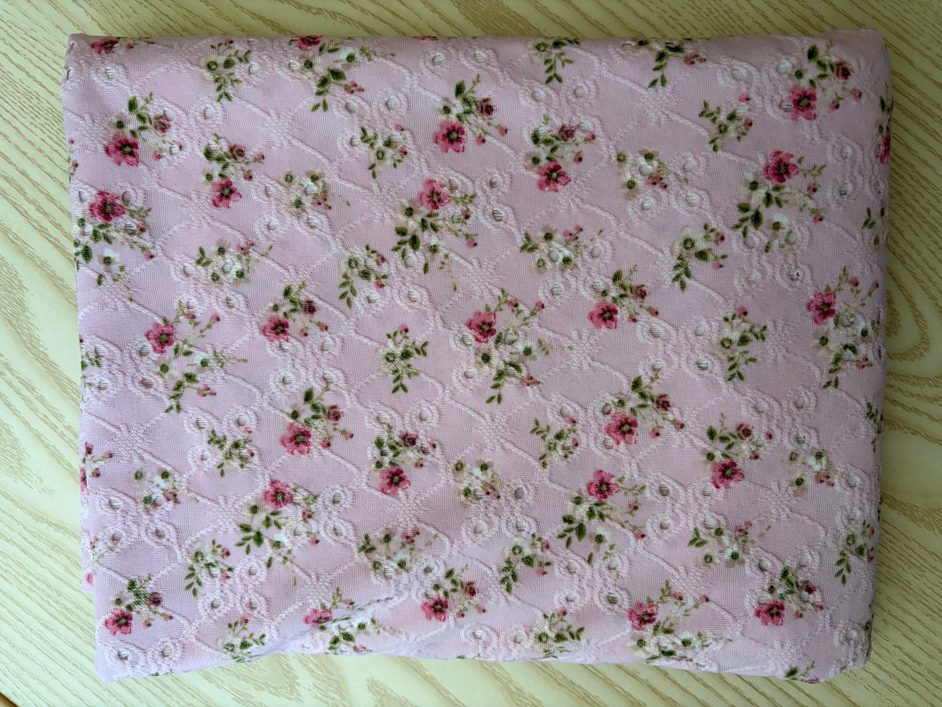 Pink Floral Eyelet Knit Fabric – Polyester Spandex Blend | 60” Wide | 2-Way Stretch