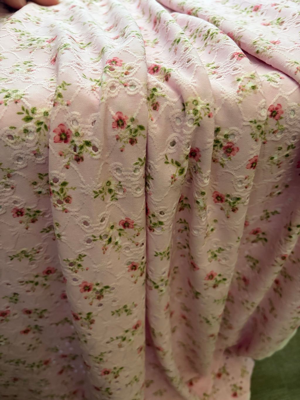 Pink Floral Eyelet Knit Fabric – Polyester Spandex Blend | 60” Wide | 2-Way Stretch