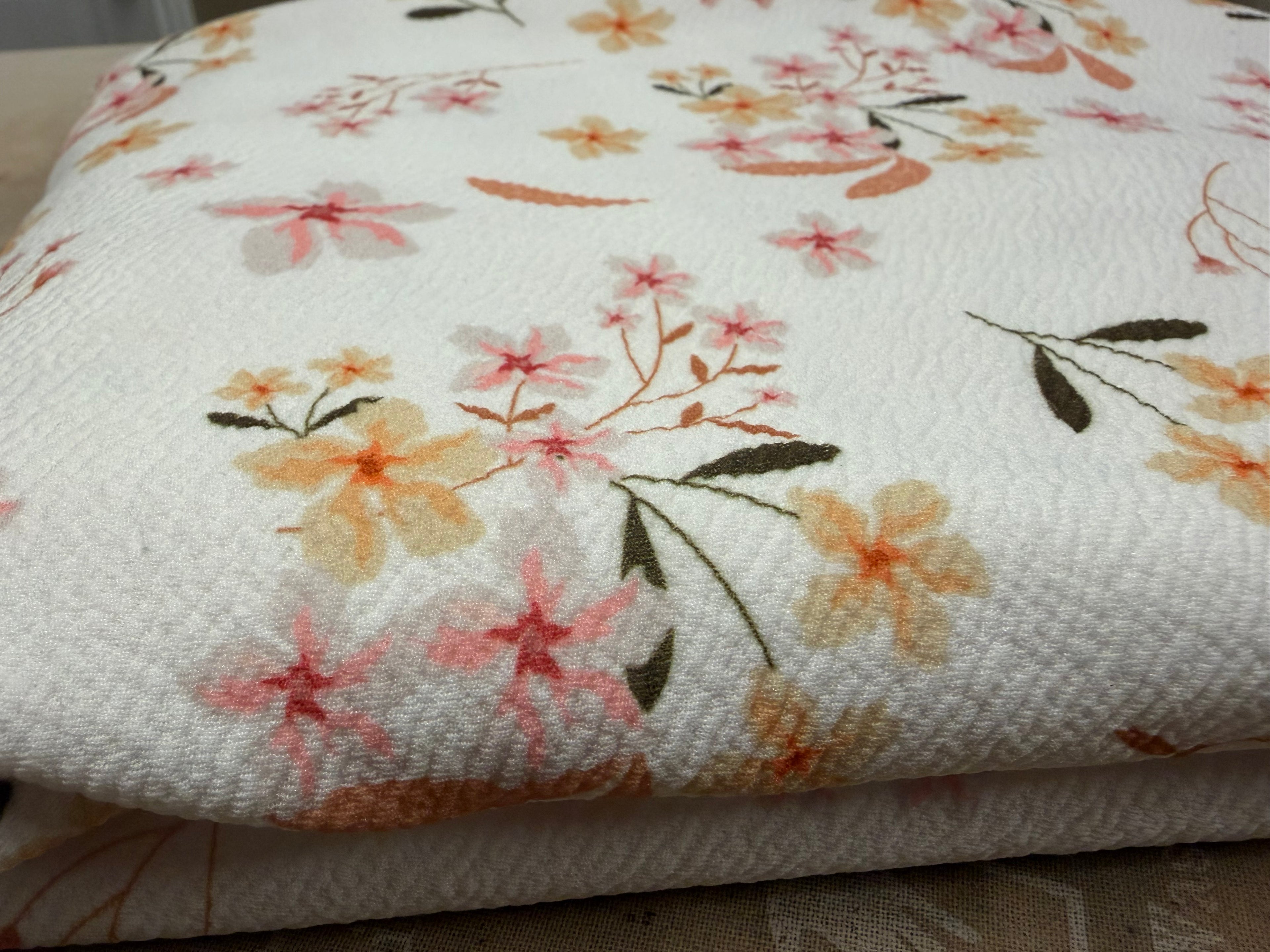 Floral Bullet Knit Fabric by the Yard | White Textured Liverpool Knit | Peach & Blush Floral Stretch Fabric | 60” Wide | Dress & Apparel Fabric