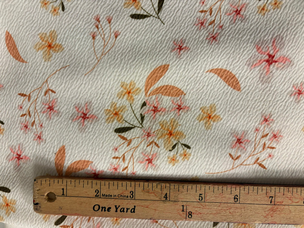 Floral Bullet Knit Fabric by the Yard | White Textured Liverpool Knit | Peach & Blush Floral Stretch Fabric | 60” Wide | Dress & Apparel Fabric